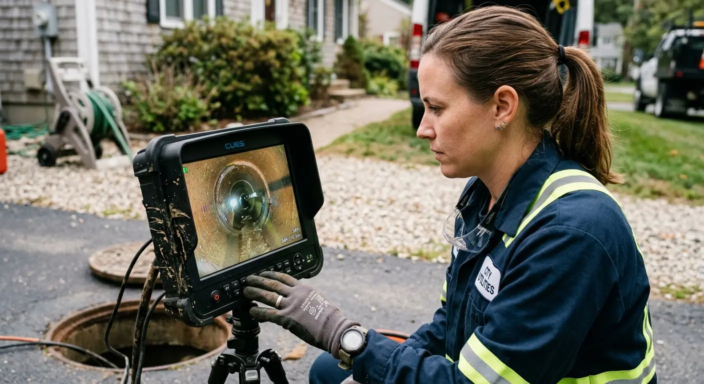 Technician reviewing sewer camera inspection footage in Collingdale