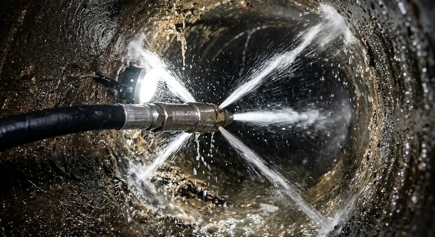 High-pressure hydro jetting nozzle cleaning sewer pipe for Storm Drain Cleaning in Collingdale